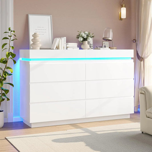 6-Drawer Vanity, Sliding Tabletop, Wide Chest of Drawers with Charging Station and LED Lights, Large Cabinet for Clothes Storage