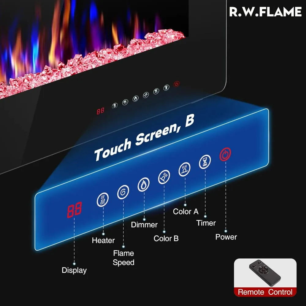 60" Recessed and Wall Mounted Electric Fireplace, Low Noise, Remote Control with Timer, Touch Screen, Adjustable Color