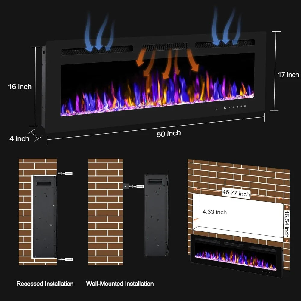 50" Electric Fireplace Wall Mounted and Recessed with Remote Control, 750/1500W Ultra-Thin Wall Fireplace Heater W/Timer
