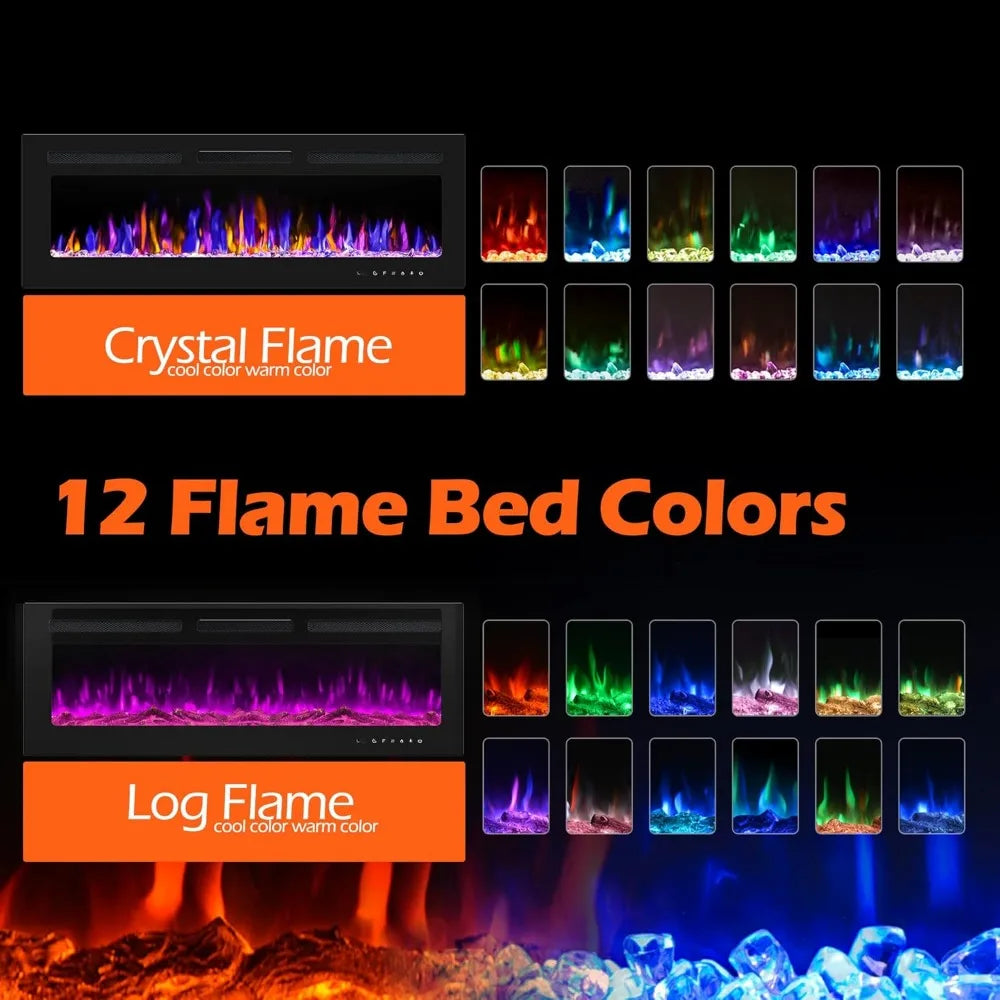 50" Electric Fireplace Wall Mounted and Recessed with Remote Control, 750/1500W Ultra-Thin Wall Fireplace Heater W/Timer