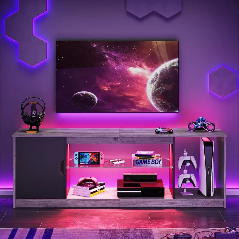 LED TV Stand for 55/60/65 Inch TV, Cabinet for PS5, Modern TV Cabinet with Adjustable Glass Shelves, Bedroom 58 Inch
