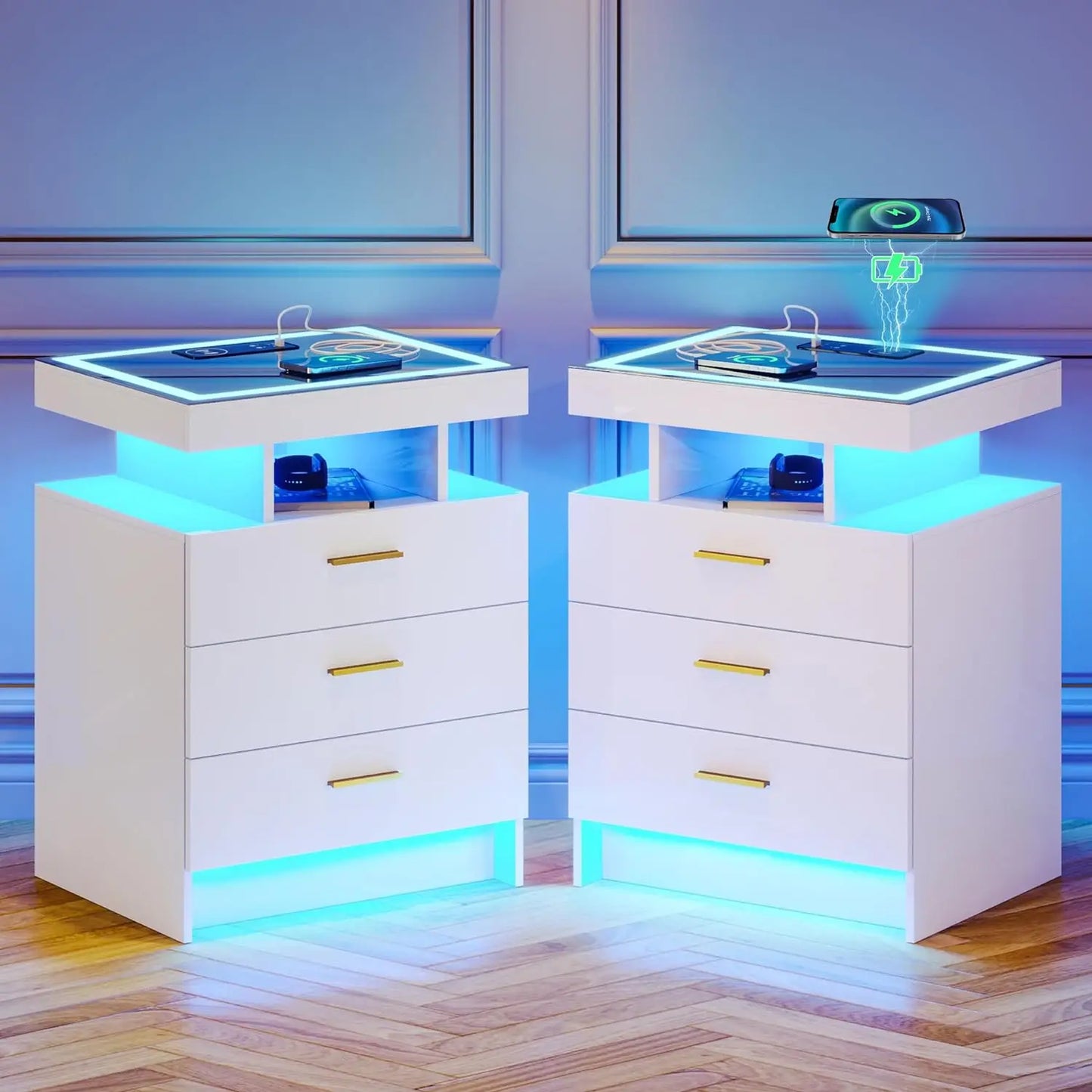 LED Nightstand with Wireless Charging Station with 3 Drawers & 3 Open Compartments, Nightstand