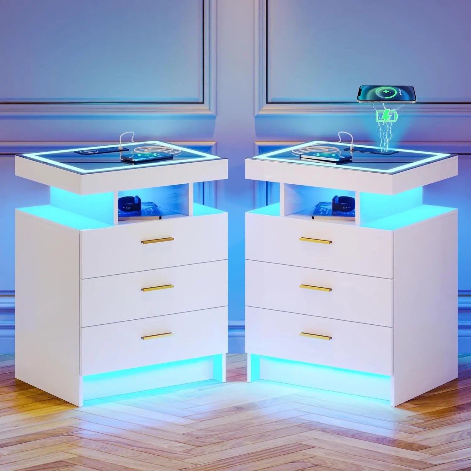 LED Nightstand with Wireless Charging Station with 3 Drawers & 3 Open Compartments, Nightstand