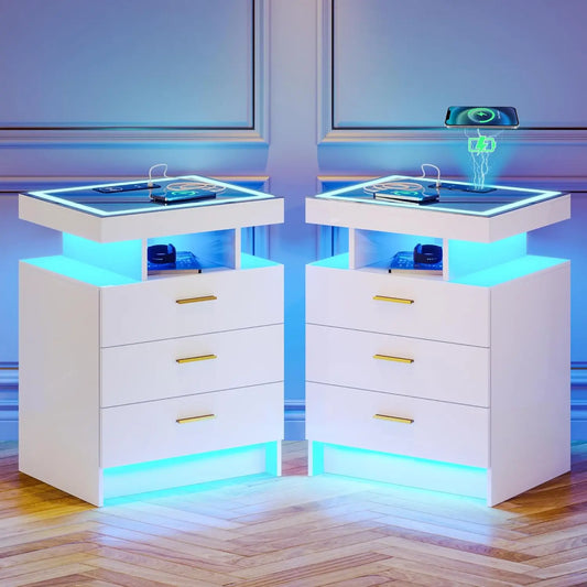 LED Nightstand with Wireless Charging Station with 3 Drawers & 3 Open Compartments, Nightstand