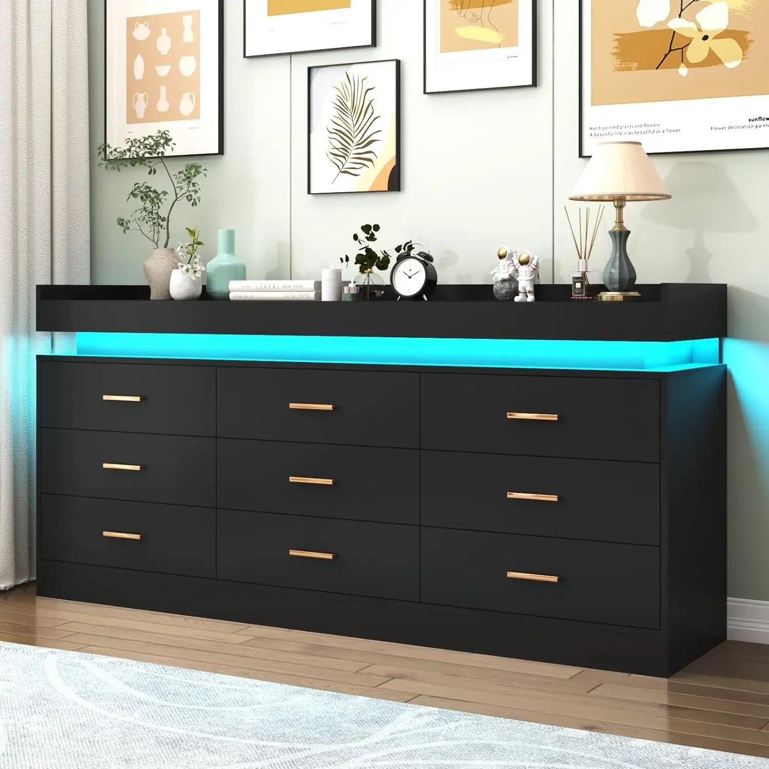 Modern Dresser 9 Drawer with LED Light,Wide Drawer Organizer Cabinet for Bedroom Living Room Chest for Closet of Wood Drawers