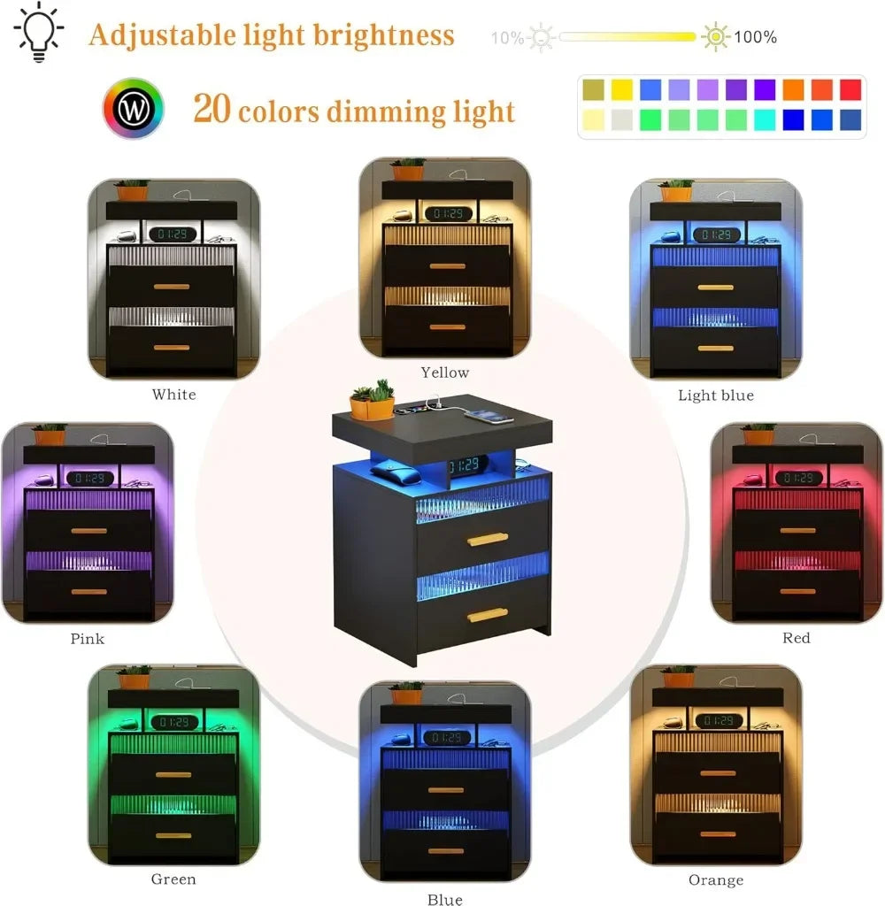 With Charging Station: All in One Nightstand with Drawers Bedside Table with LED Light & Human Sensor Design Modern End Table