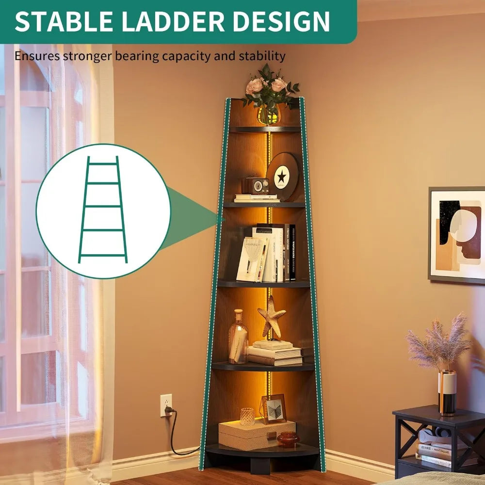 Corner Shelf Rack with LED Light 70.9 Inch Ladder Corner Modern 5 Tier Wooden Open Display Rack for Bedroom Storage Locker Stand
