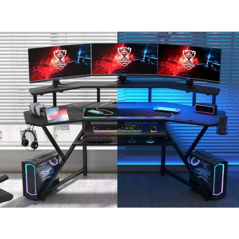 72" Gaming Desk with Power Outlet & Led Strip, Large Wing-Shaped Computer Desk W Monitor Stand & Keyboard Tray & RGB Mouse Pad