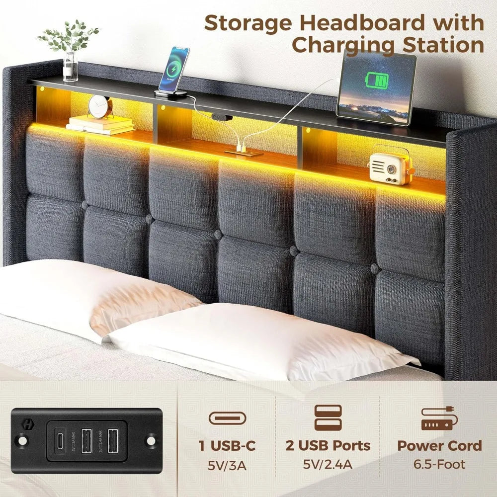 Bed Frame Queen Size with Lift up Storage, Charging Station & LED Lights, Upholstered Storage Headboard, No Box Spring Needed,