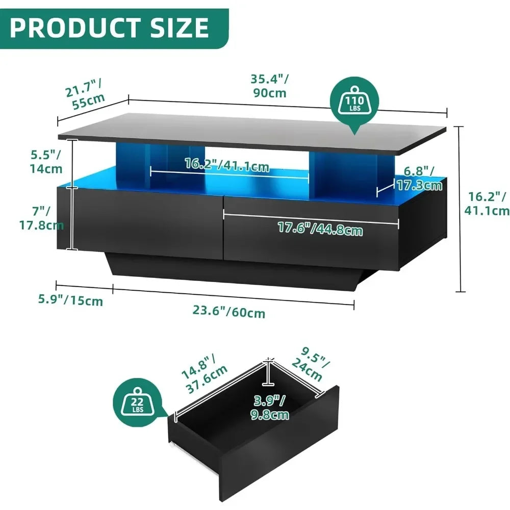 Coffee Table High Glossy for Living Room Black Small Center Table with Open Display Shelf & Sliding Drawers LED Coffee Tables