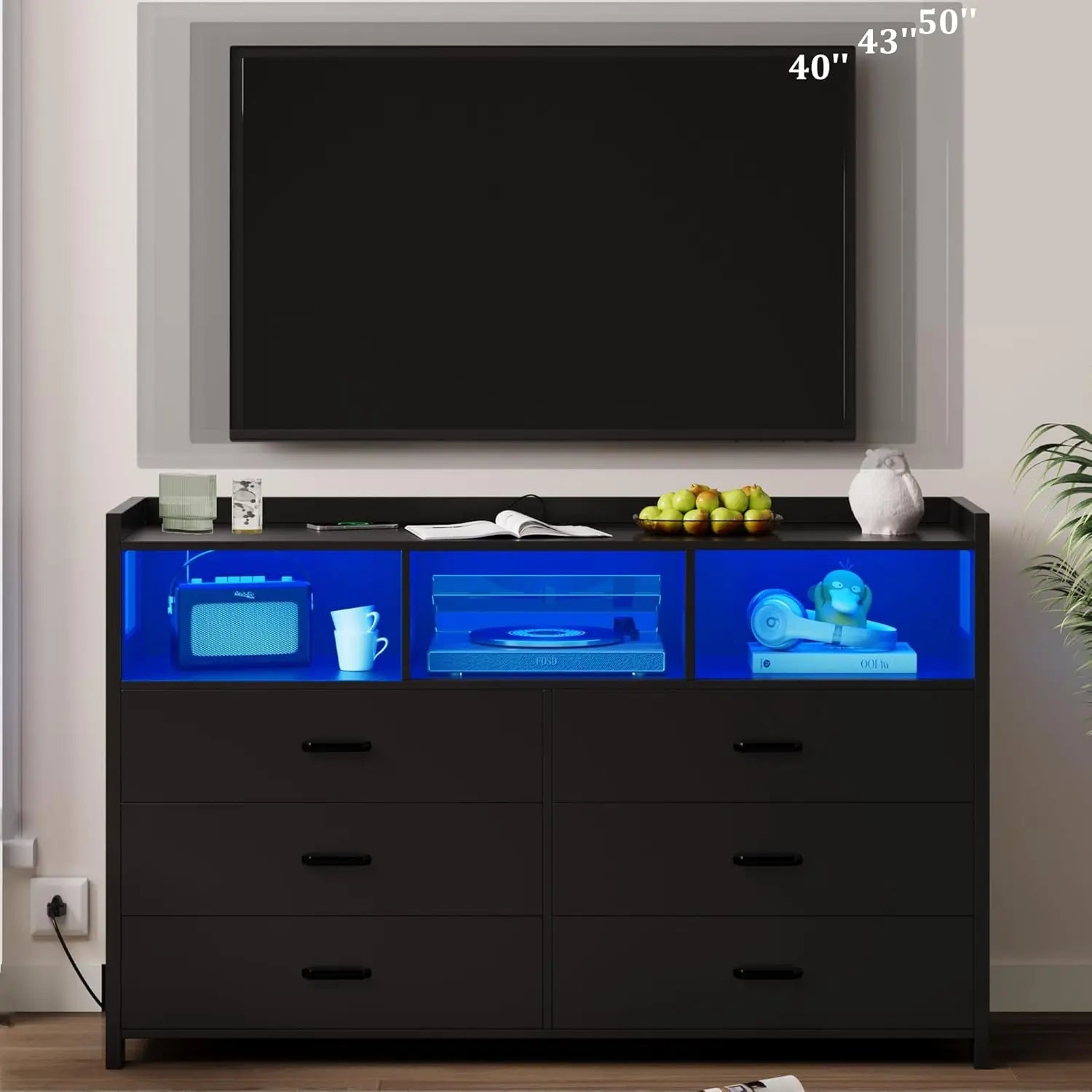 6 Drawer Dressers & Chests of Drawers with Power Strip, Modern Dressers Wooden Storage Cabinet for Adults