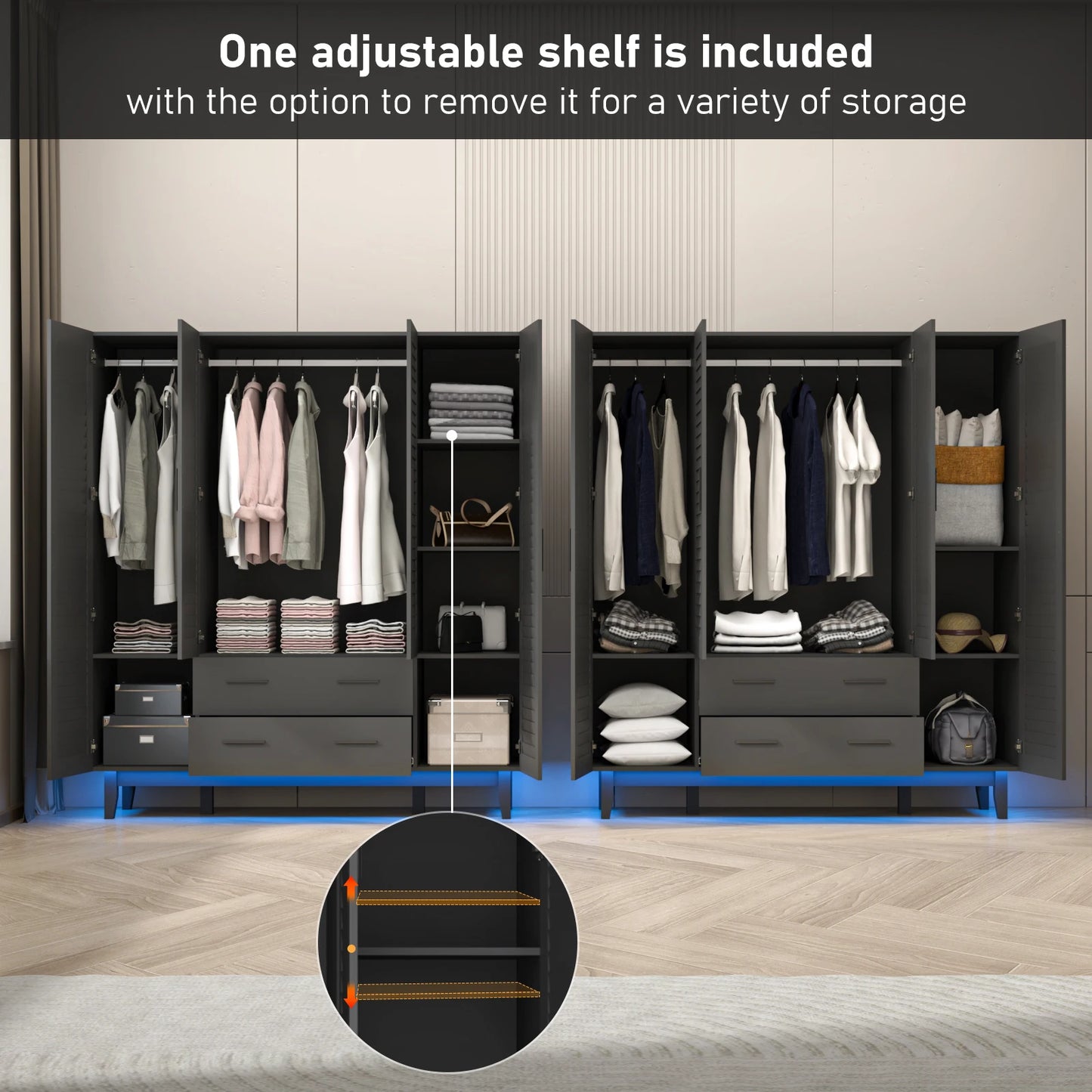 Large Capacity Storage Wardrobe Armoire for Bedroom, 4 Door LED Wardrobe with Drawers, Hanging Rod, 4 Louver Doors, Black