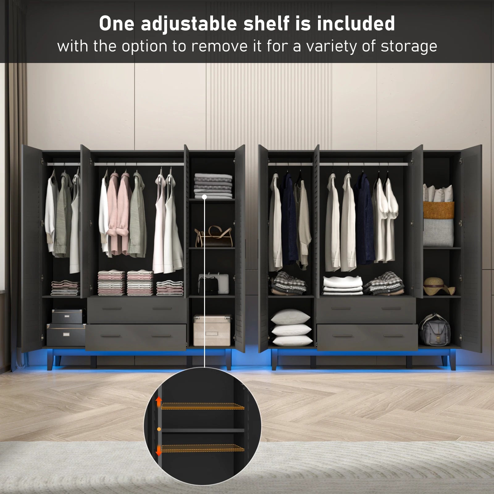 Large Capacity Storage Wardrobe Armoire for Bedroom, 4 Door LED Wardrobe with Drawers, Hanging Rod, 4 Louver Doors, Black