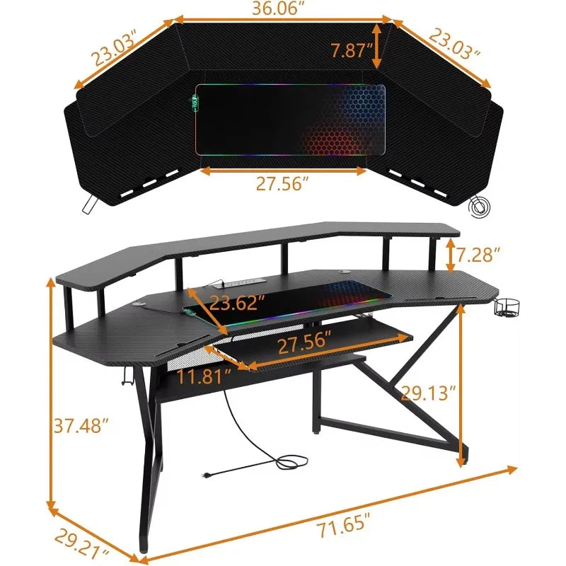 72" Gaming Desk with Power Outlet & Led Strip, Large Wing-Shaped Computer Desk W Monitor Stand & Keyboard Tray & RGB Mouse Pad