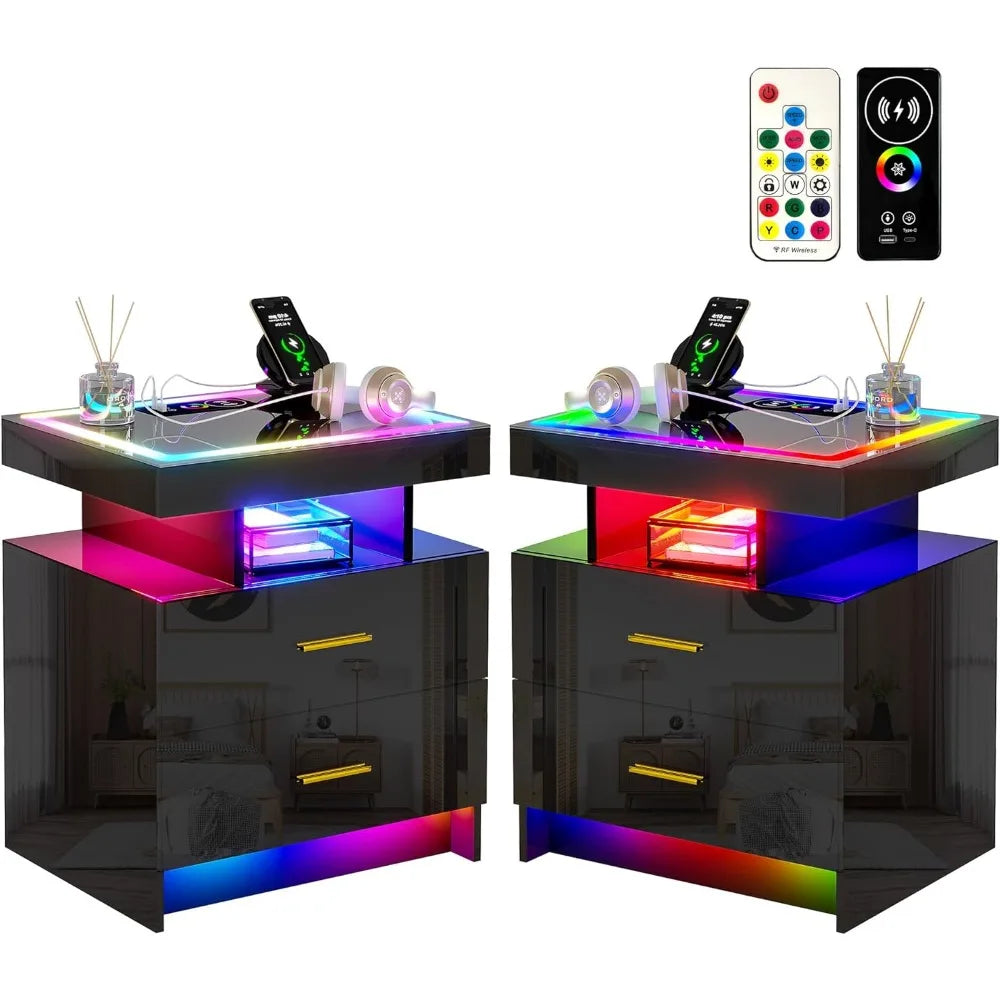 LED Nightstand Set of 2 with Wireless Charging & USB Ports, Dazzling Light, Glass Light Strip Panel, Smart RGB LED Nightstand