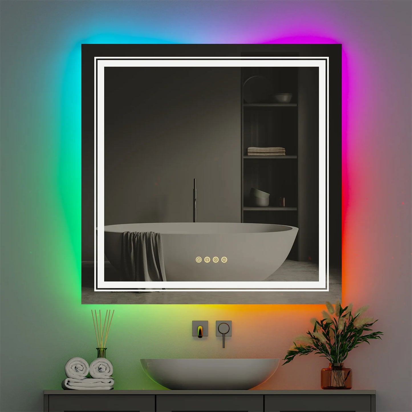 Large Bathroom LED Vanity Mirror RGB Color Changing Backlit Bathroom Mirror Shatterproof Dimmable Anti-Fog Led Mirror