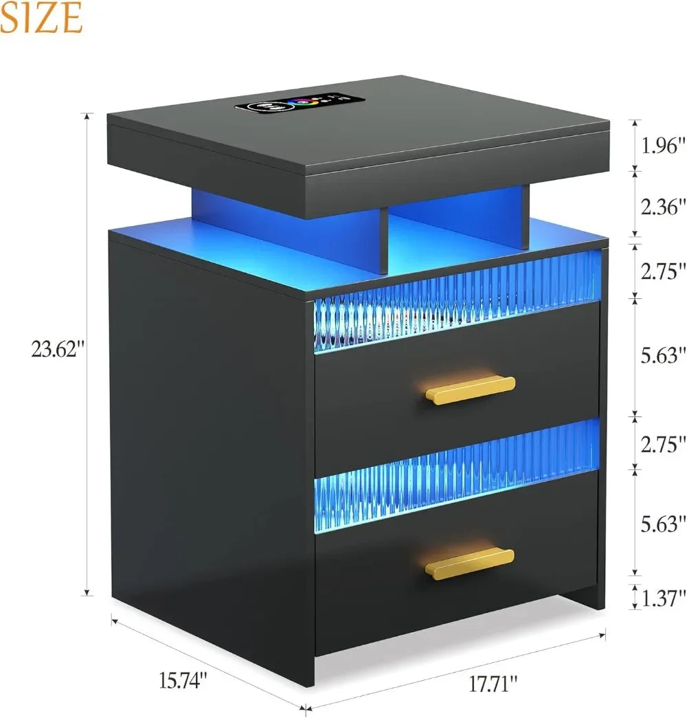 With Charging Station: All in One Nightstand with Drawers Bedside Table with LED Light & Human Sensor Design Modern End Table