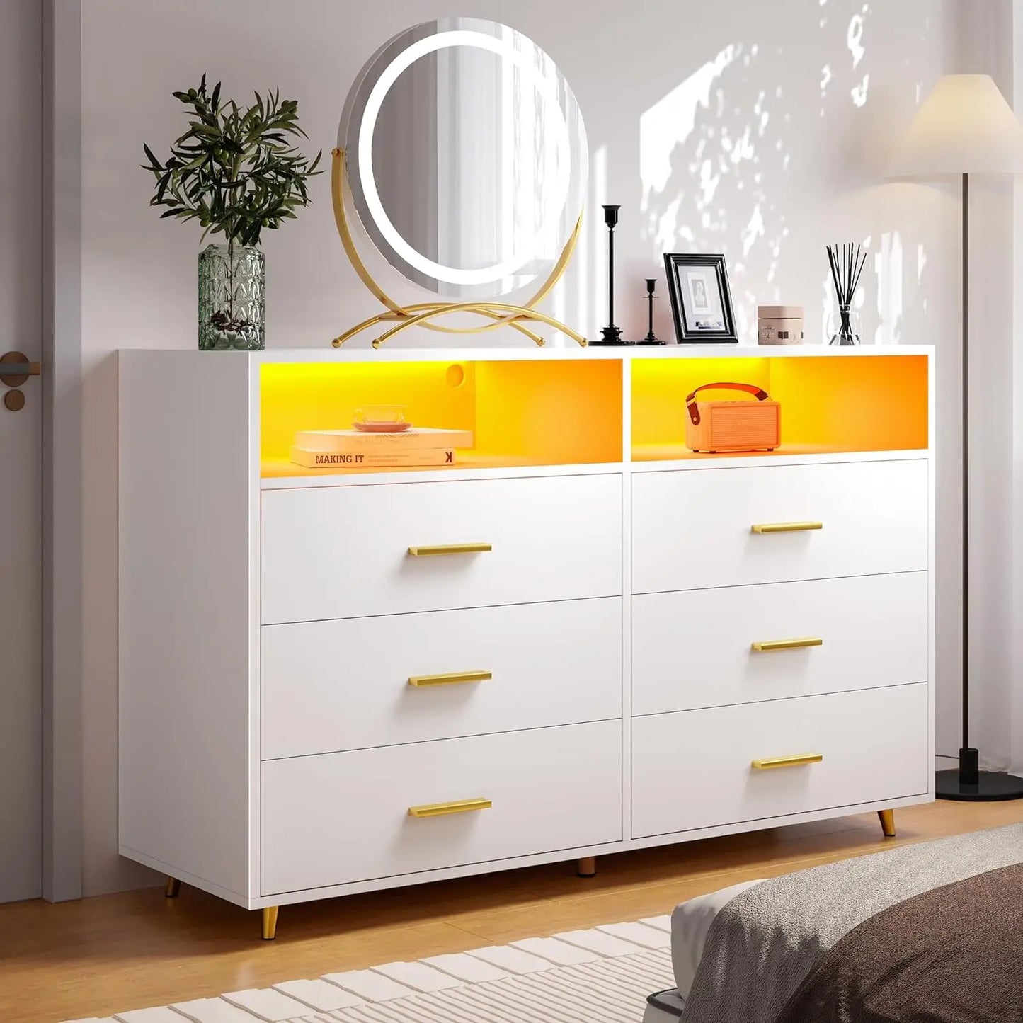 Dresser for Bedroom Black Dresser with LED 6 Drawers Dresser with Large Organizer Wood Dressers & Chests of Drawers