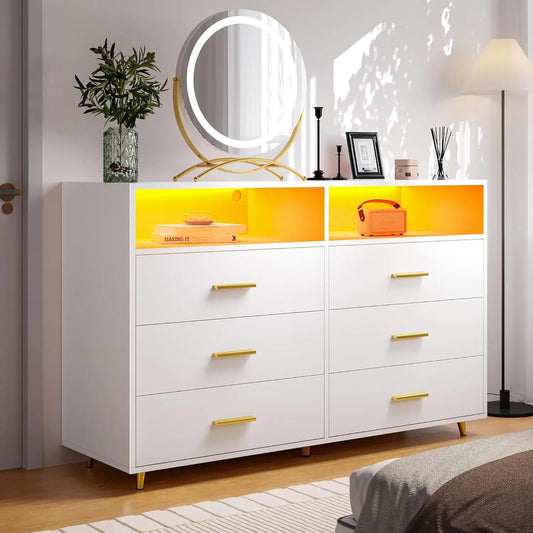 Dresser for Bedroom Black Dresser with LED 6 Drawers Dresser with Large Organizer Wood Dressers & Chests of Drawers