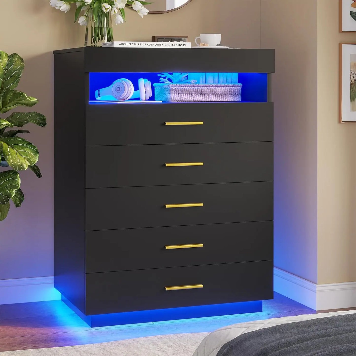 White Dressing Table with LED Lights, 5 Drawers with Pull-Out Tray and Open Space, Modern High Dressing Table