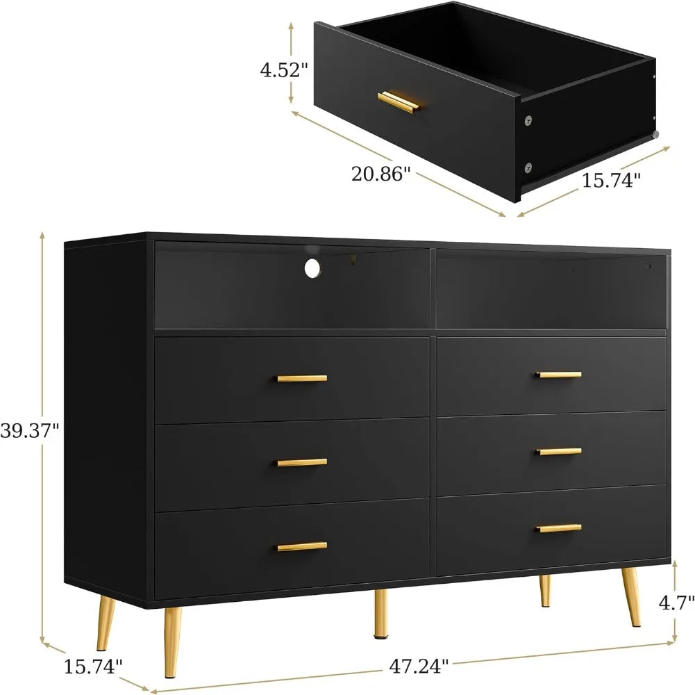 Dresser for Bedroom Black Dresser with LED 6 Drawers Dresser with Large Organizer Wood Dressers & Chests of Drawers