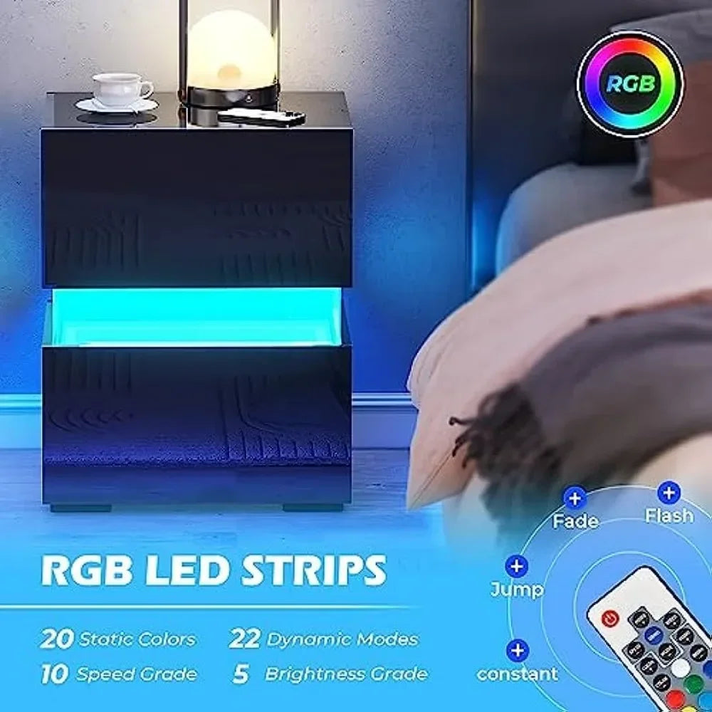 LED Nightstands Set of 2, Bedside Tables with LED Lights, Night Stands with High Gloss Drawers, Remote, End Tables Side Tables