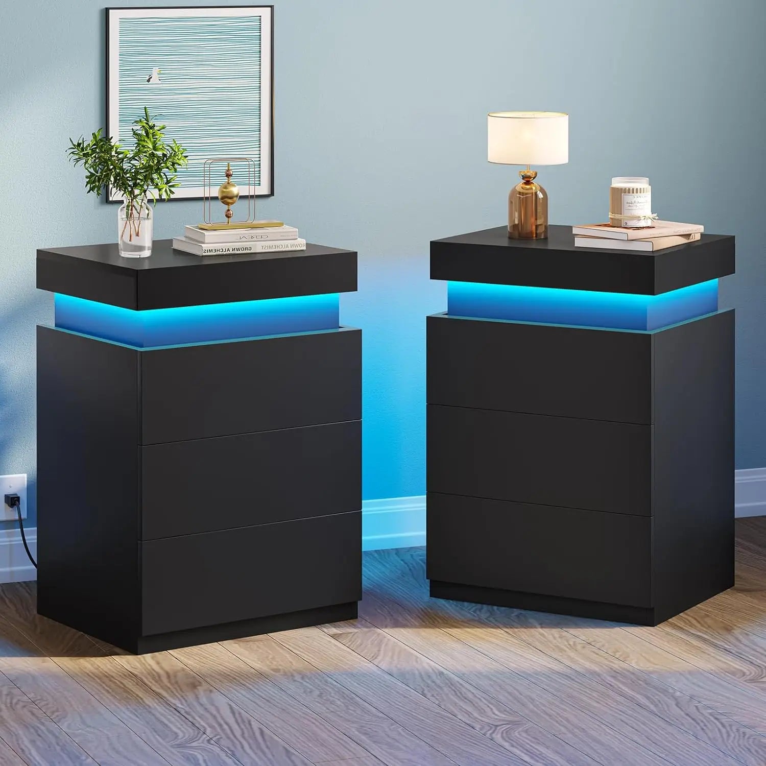 LED Nightstands Set of 2, Nightstand with Charging Station and Sliding Top,Bedside Table Night Stand for Bedroom Set of 2