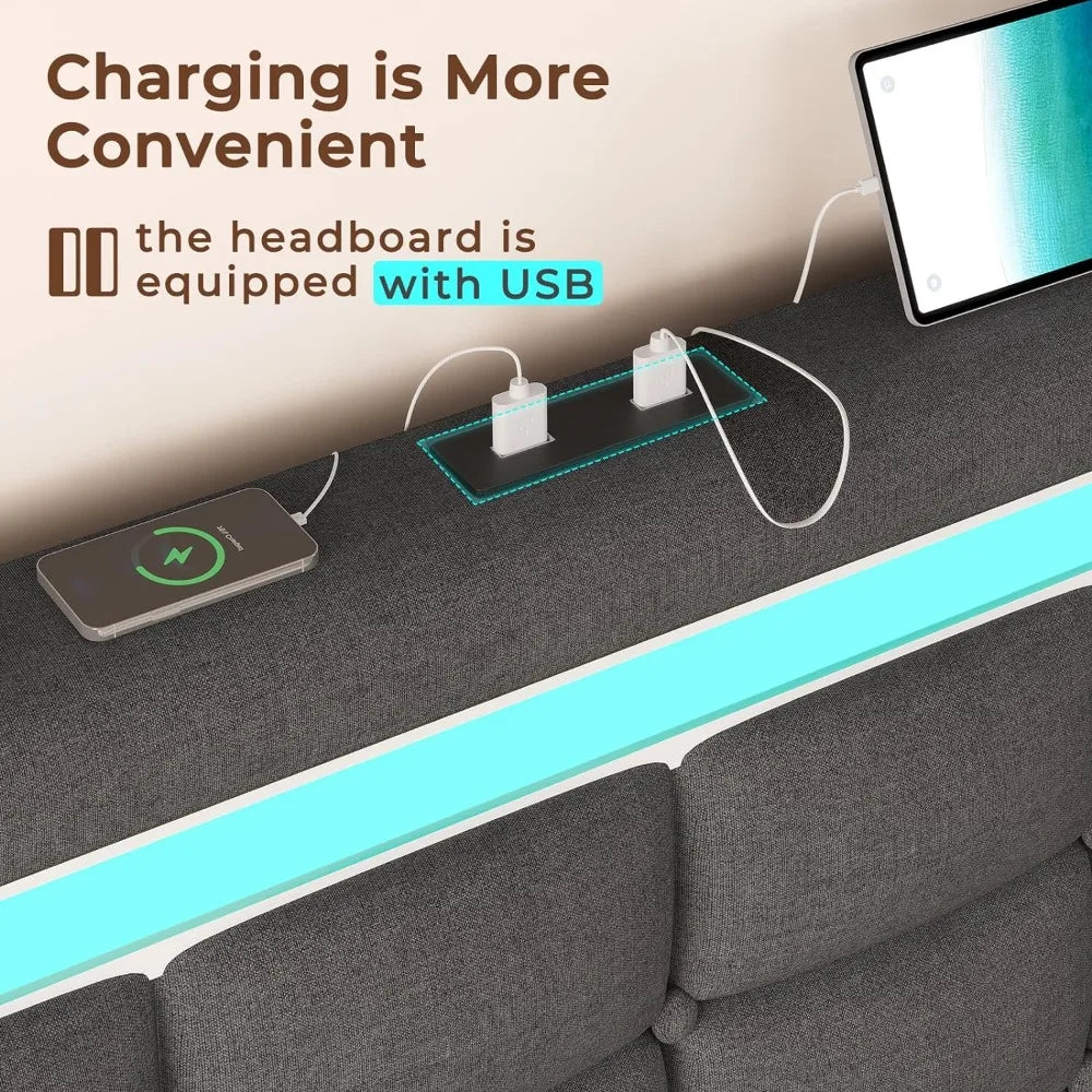 LED Bed Frame W 4 Drawers and 2 USB Charging Station, Upholstered Platform Queen Size Bed Frame W LED Lights Headboard Footboard