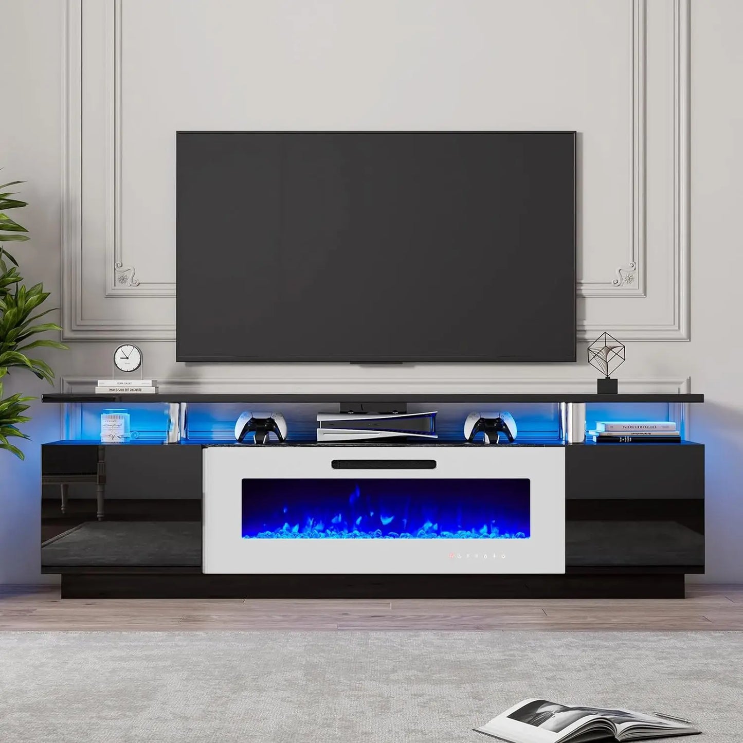 TV Stand, 80" High Gloss Media Console with 40" Electric Fireplace W/Led Lights, Open Storage Entertainment Center Holds 90" TV