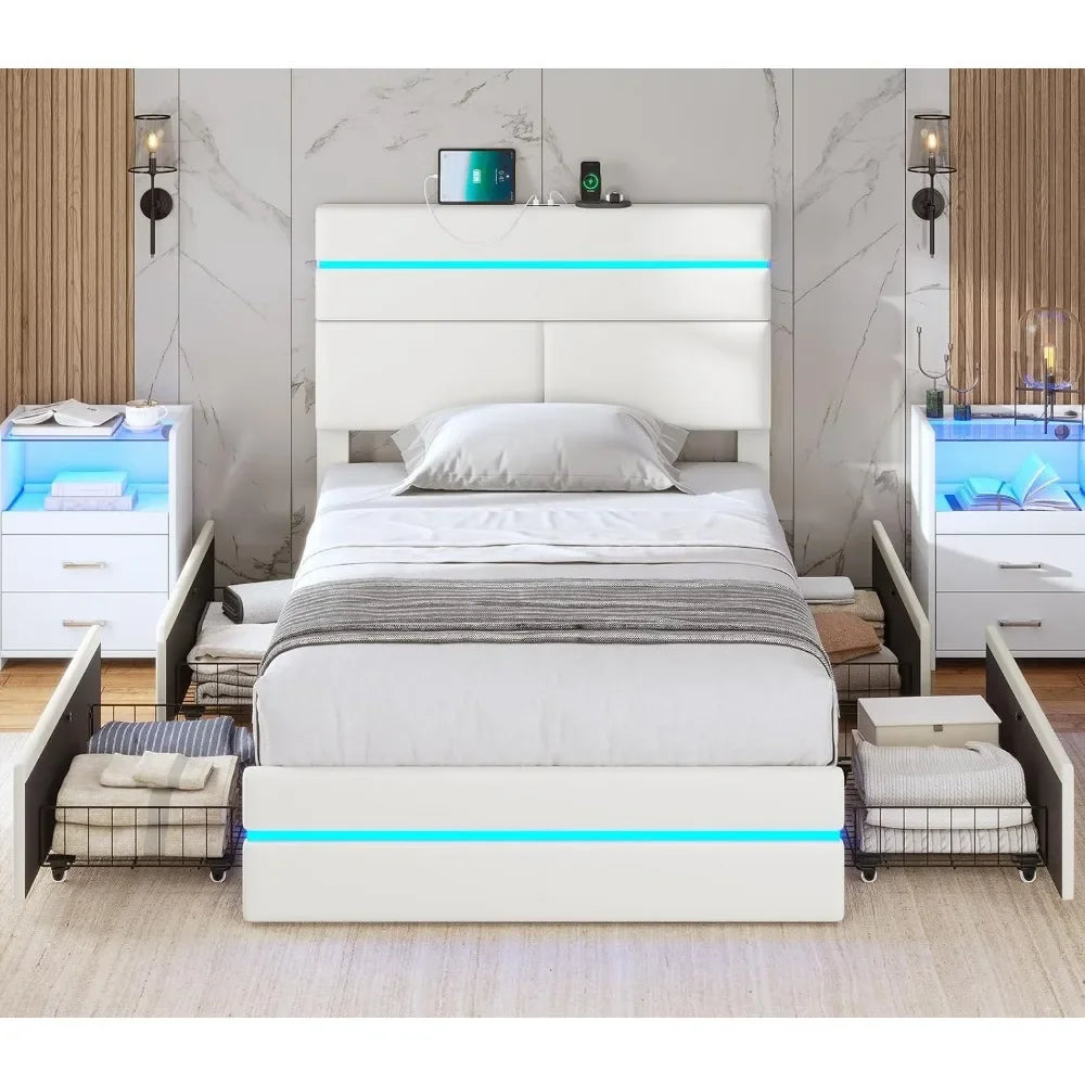 Twin Size Bed Frame with 4 Storage Drawers & Headboard, Charging Station, Led Upholstered Bed Frame