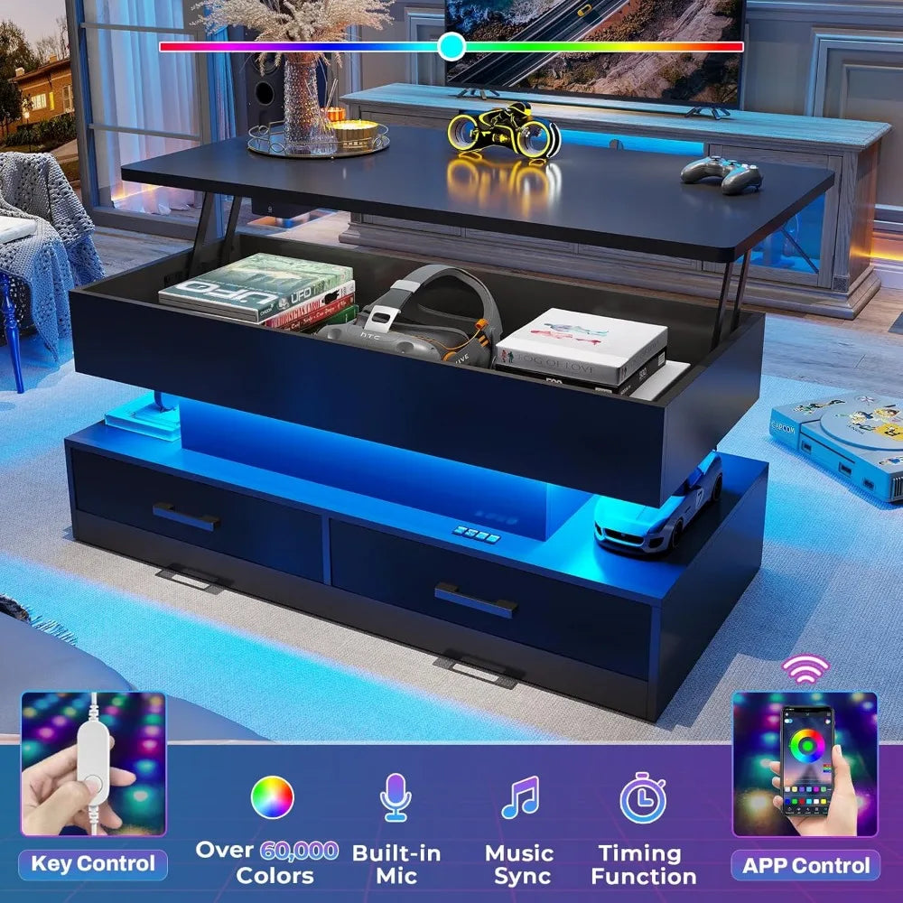 Lift Top Coffee Table, Coffee Tables with Storage for Living Room, Small Coffee Table with 2 Fabric Drawers & LED Light