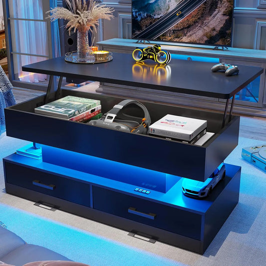 Lift Top Coffee Table, Coffee Tables with Storage for Living Room, Small Coffee Table with 2 Fabric Drawers & LED Light
