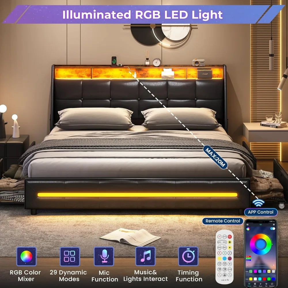 King Size Bed Frame W 4 Storage Drawers,Charging Station and LED Lights,Upholstered Bed Frame W Button Tufted Wingback Headboard