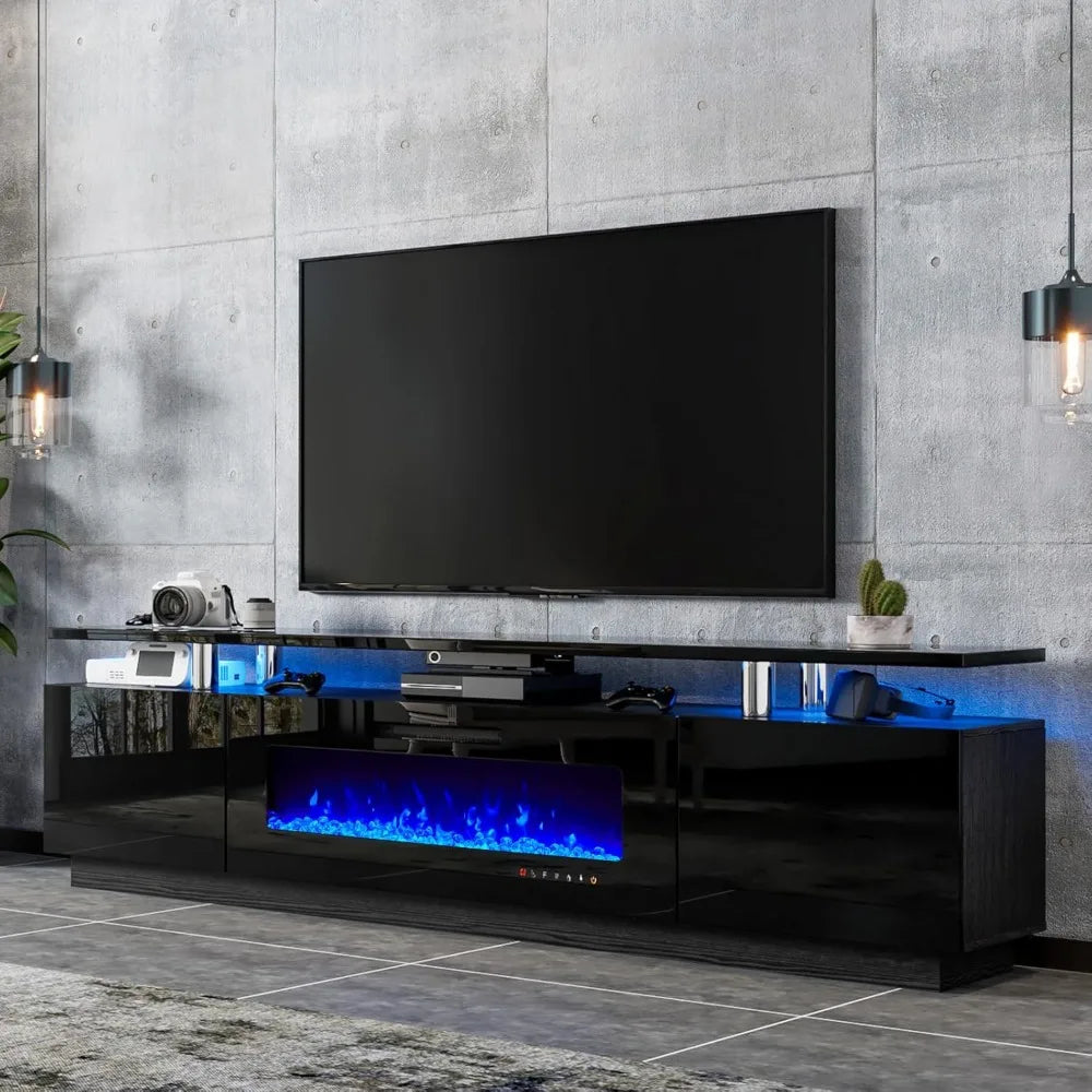 TV Stand, 80" High Gloss Media Console with 40" Electric Fireplace W/Led Lights, Open Storage Entertainment Center Holds 90" TV