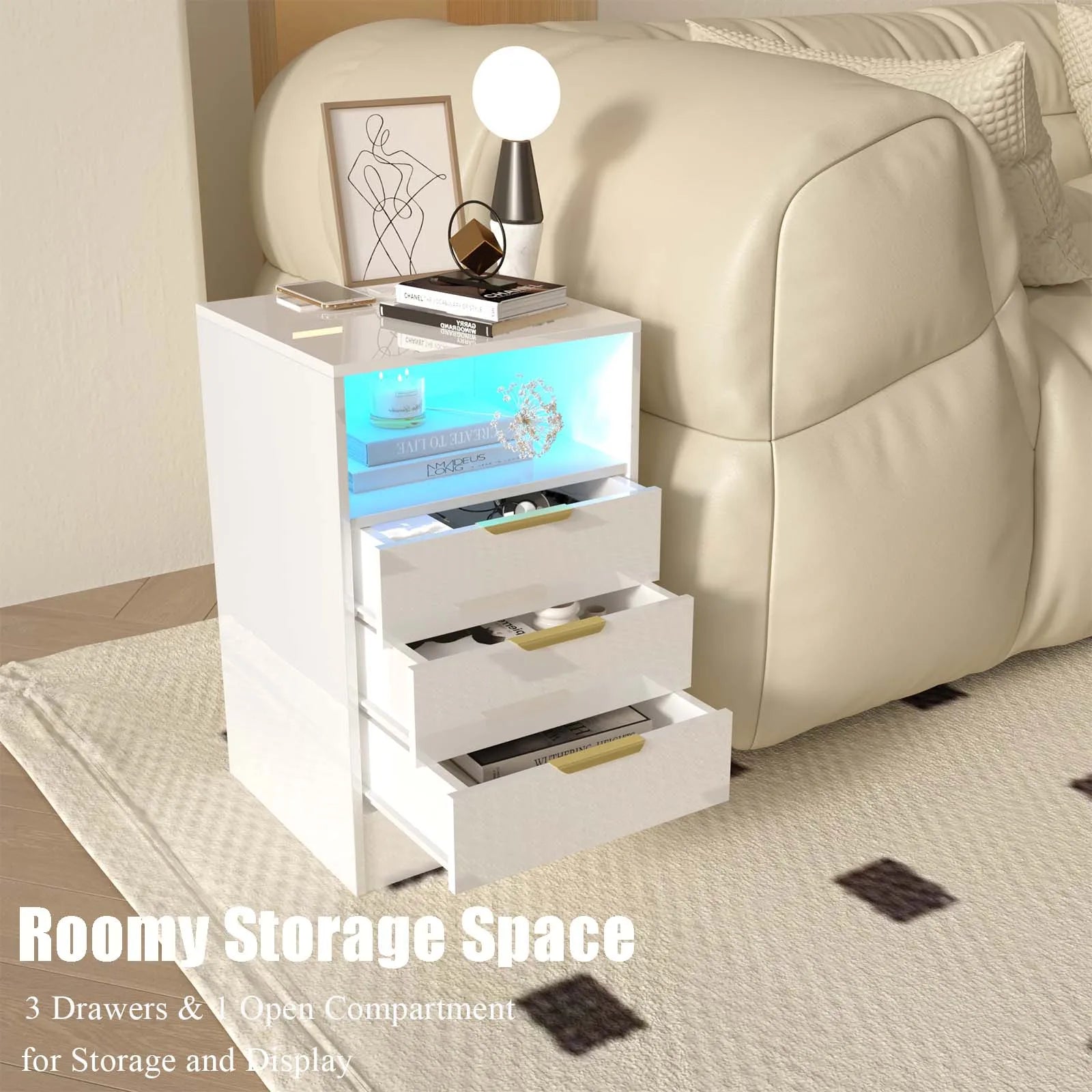 2PCS LED Nightstands Set High Gloss Bedside Table with Wireless Charging Station, Modern End Table with 3 Drawers
