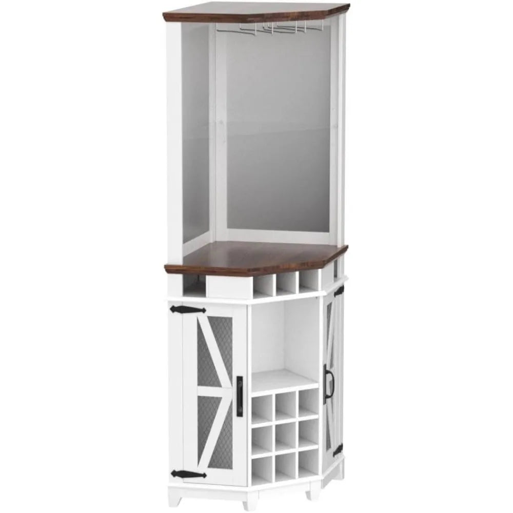 Corner Bar Storage Cabinet, 72" Tall Farmhouse,Home Bar Cabinet W/Led Light & Glass Rack for Living Room, Kitchen, Antique White