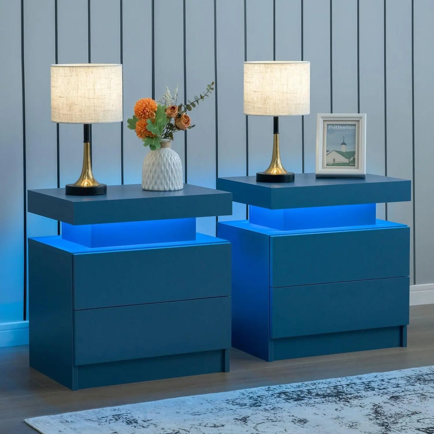 Nightstand Set of 2 LED Nightstand with 2 Drawers, Bedside Table with Drawers for Bedroom Furniture, Side Bed Table