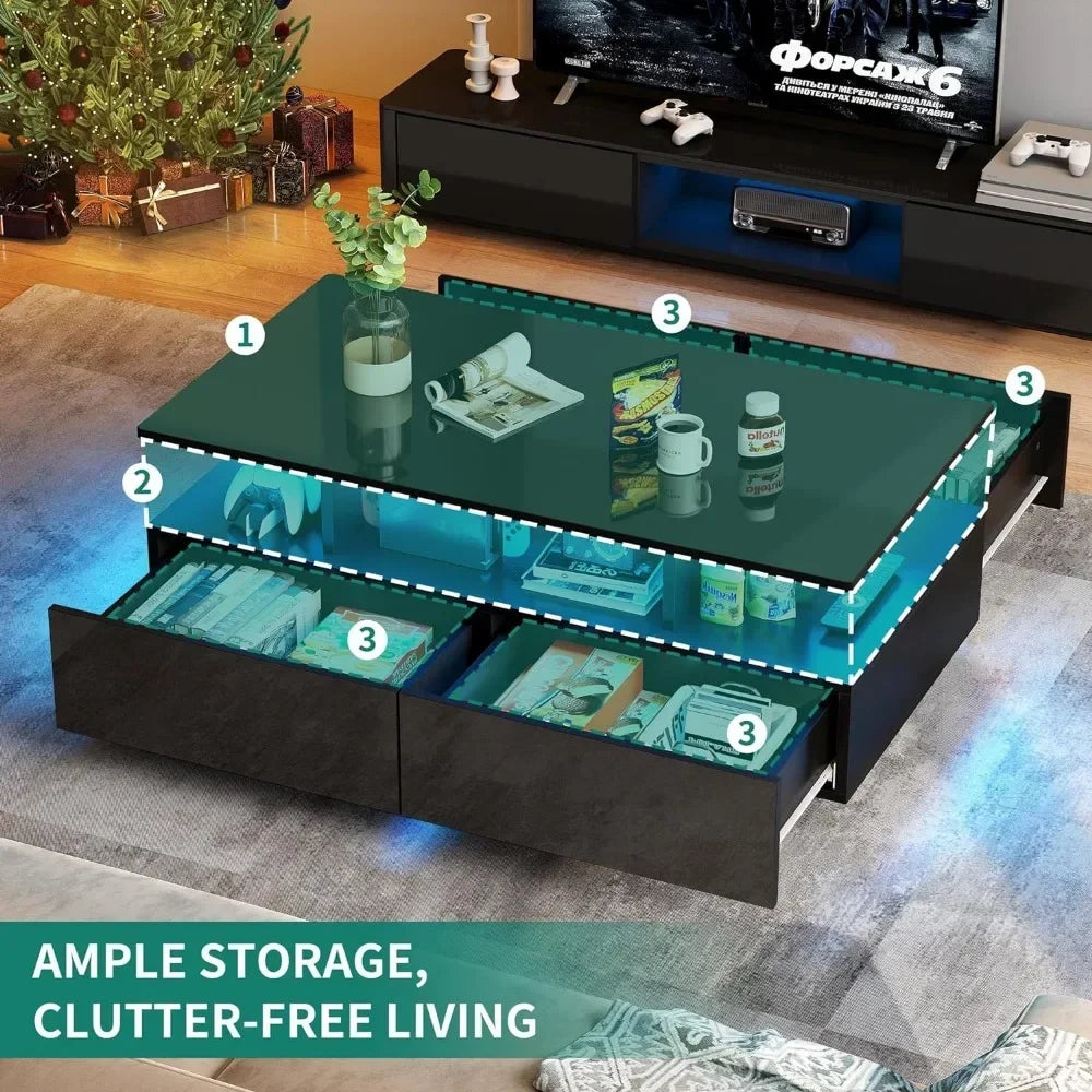 Coffee Table High Glossy for Living Room Black Small Center Table with Open Display Shelf & Sliding Drawers LED Coffee Tables