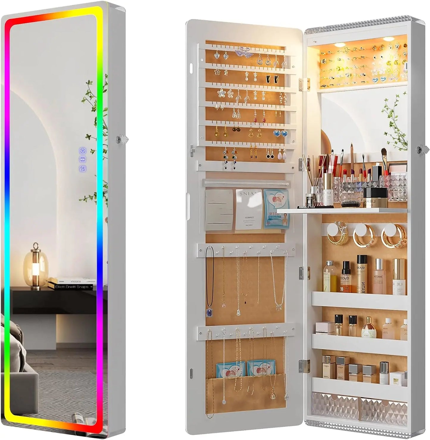 LED Mirror Jewelry Cabinet with RGB Lights,47.2" Wall Mounted Jewelry Organizer with Full-Length Mirror,Over the Door Hanging