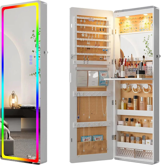 LED Mirror Jewelry Cabinet with RGB Lights,47.2" Wall Mounted Jewelry Organizer with Full-Length Mirror,Over the Door Hanging
