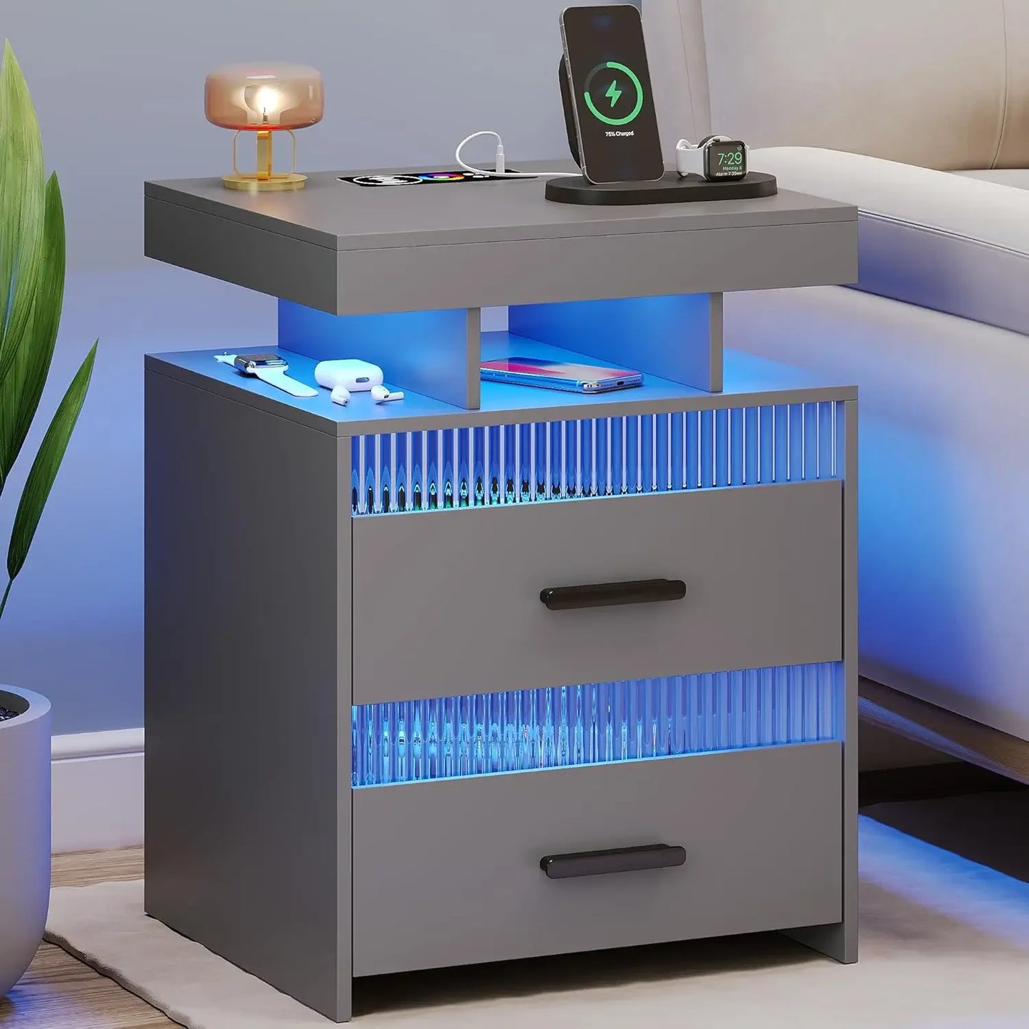 With Charging Station: All in One Nightstand with Drawers Bedside Table with LED Light & Human Sensor Design Modern End Table