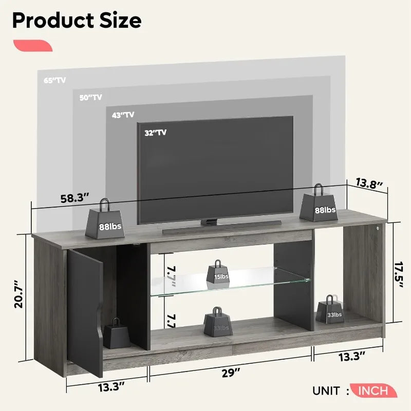 LED TV Stand for 55/60/65 Inch TV, Cabinet for PS5, Modern TV Cabinet with Adjustable Glass Shelves, Bedroom 58 Inch