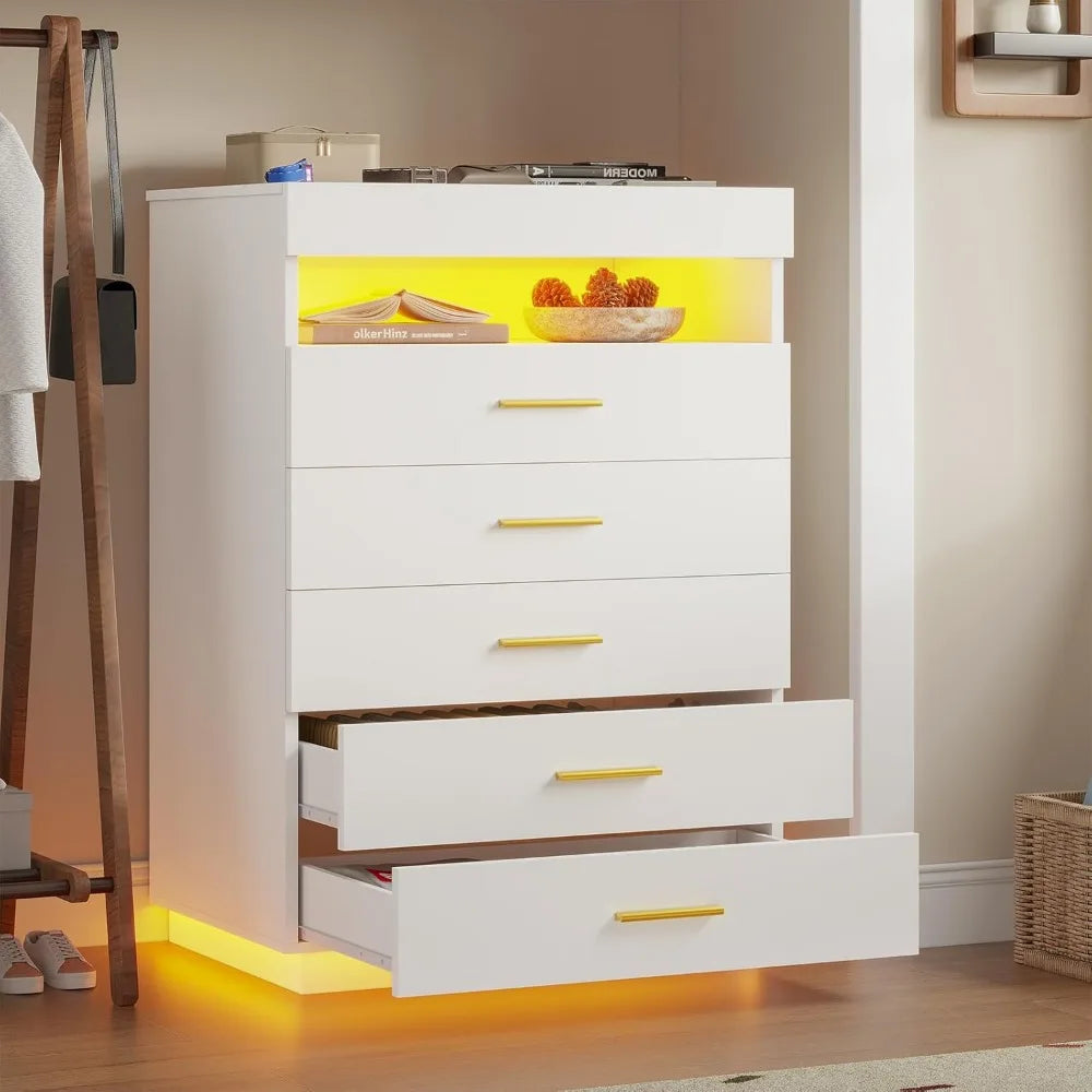 White Dressing Table with LED Lights, 5 Drawers with Pull-Out Tray and Open Space, Modern High Dressing Table