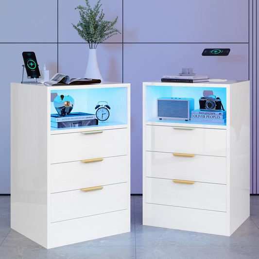 2PCS LED Nightstands Set High Gloss Bedside Table with Wireless Charging Station, Modern End Table with 3 Drawers