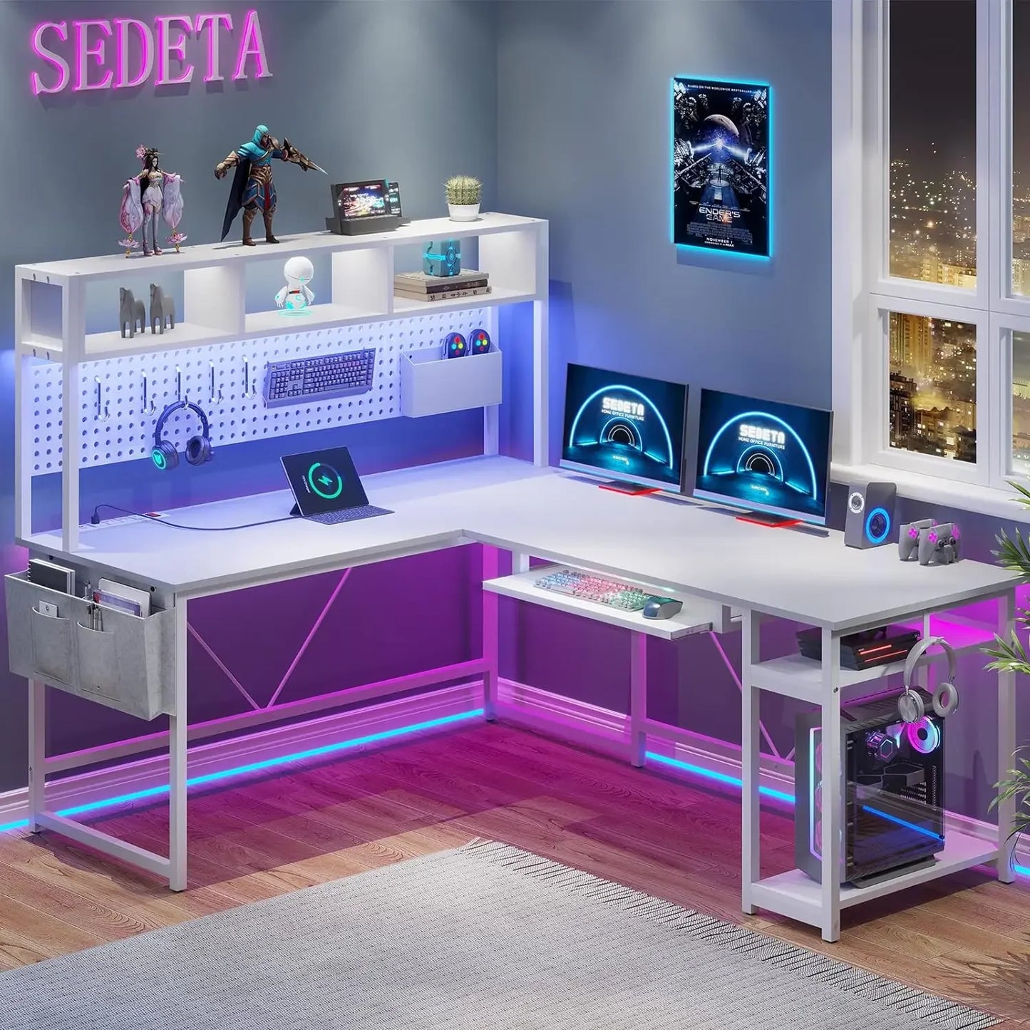 L-Shaped Game Table, Reversible Computer Desk with Power Socket and Pin Board, LED Light, Keyboard Tray for Home Office, Black