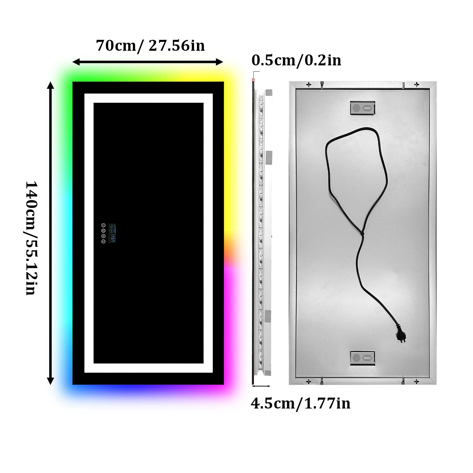 120/140Cm Rectangular LED Bathroom Mirror Front-Lit and RGB Backlight Antifog Vanity Mirror with Date & Time Bluetooth Speaker