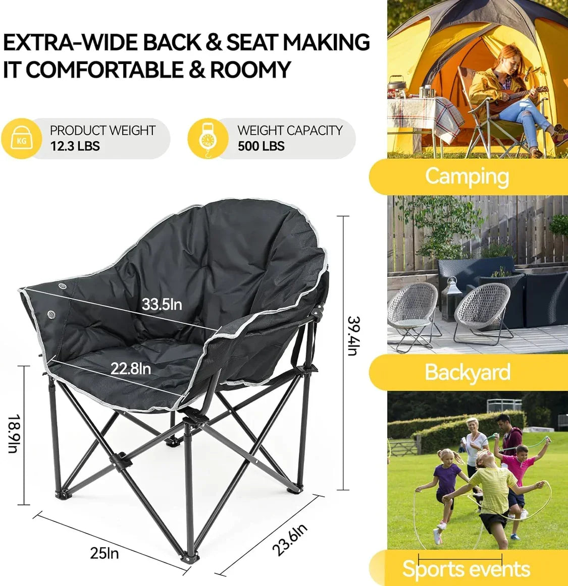 Kinnls Oversized Outdoor Portable Heated Folding Chair Lounge Support 500 Lbs Oxford Fabric Roomy Camping Chair for Fishing