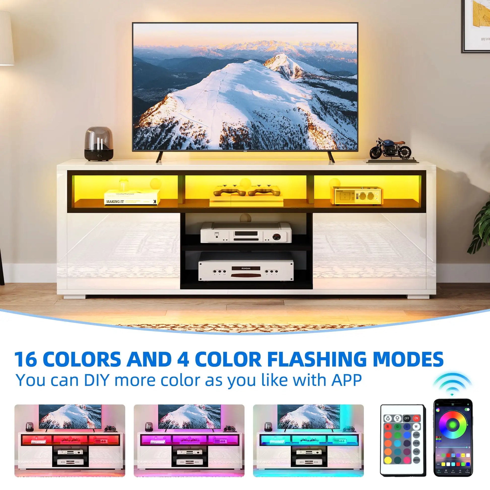 High Gloss TV Stand with LED Lights, Modern Media Console Table with Storage Cabinet for 70 Inch TV White