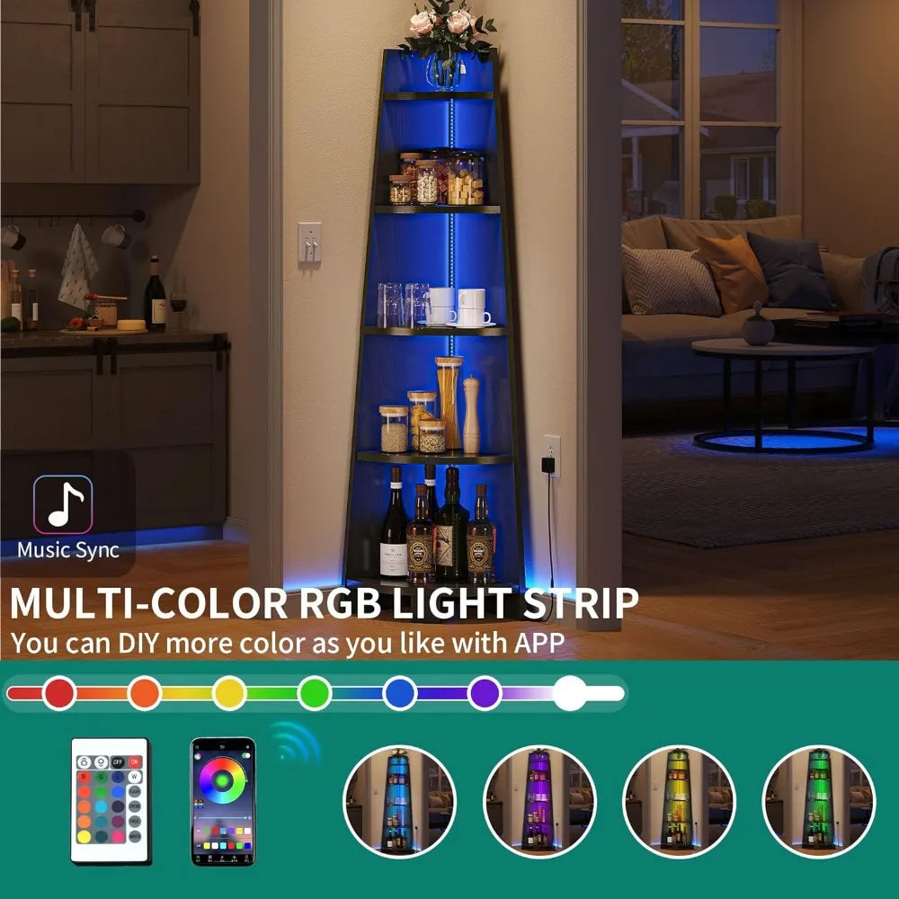 Corner Shelf Rack with LED Light 70.9 Inch Ladder Corner Modern 5 Tier Wooden Open Display Rack for Bedroom Storage Locker Stand
