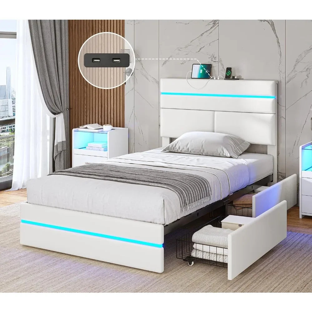 Twin Size Bed Frame with 4 Storage Drawers & Headboard, Charging Station, Led Upholstered Bed Frame